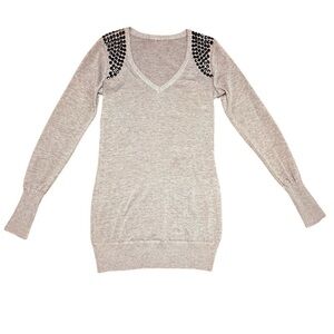 Vintage Y2K Gray V-Neck Lightweight Tunic Sweater Black Crystal Shoulders Small